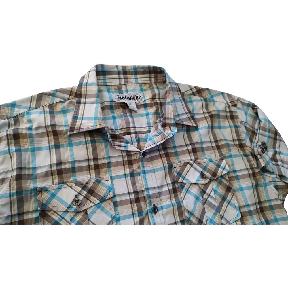 Ablanche Western Shirt Button Down Blue Brown Plaid‎ Short Sleeve Mens XXL SEE